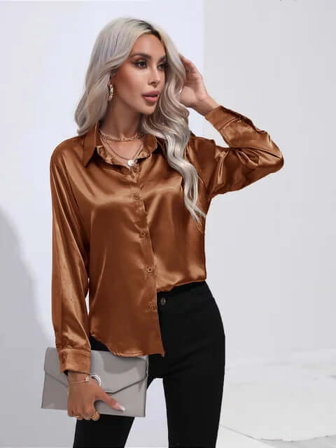 Women's Satin Loose Fit Long Sleeve Blouse