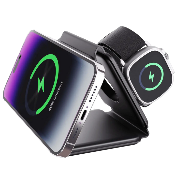 "Black 3-in-1 foldable wireless charger for iPhone, Apple Watch, AirPods; compact, sleek design for easy portability."