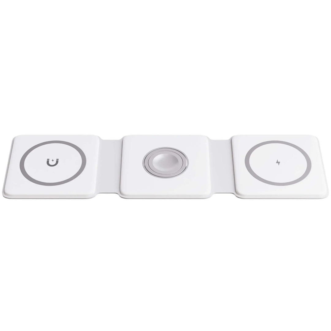 "Black 3-in-1 foldable wireless charger for iPhone, Apple Watch, AirPods; compact, sleek design for easy portability."