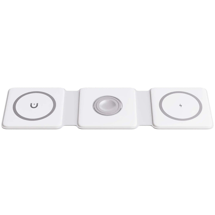 "Black 3-in-1 foldable wireless charger for iPhone, Apple Watch, AirPods; compact, sleek design for easy portability."