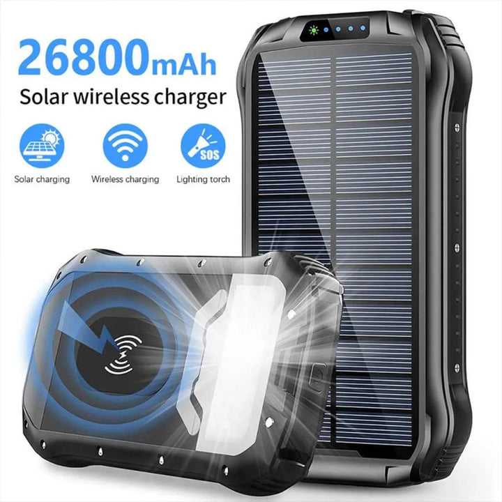 "Black and orange portable solar power bank for outdoor use, showcasing sleek design and multiple charging ports."