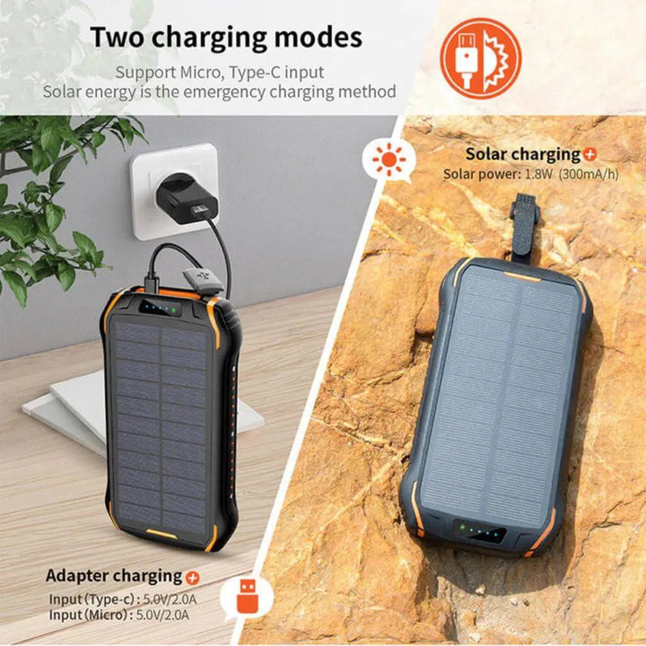 "Black and orange portable solar power bank for outdoor use, showcasing sleek design and multiple charging ports."