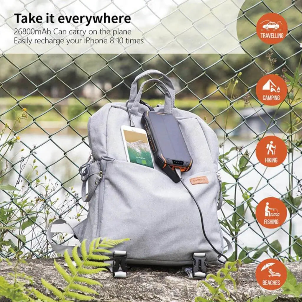 "Black and orange portable solar power bank for outdoor use, showcasing sleek design and multiple charging ports."