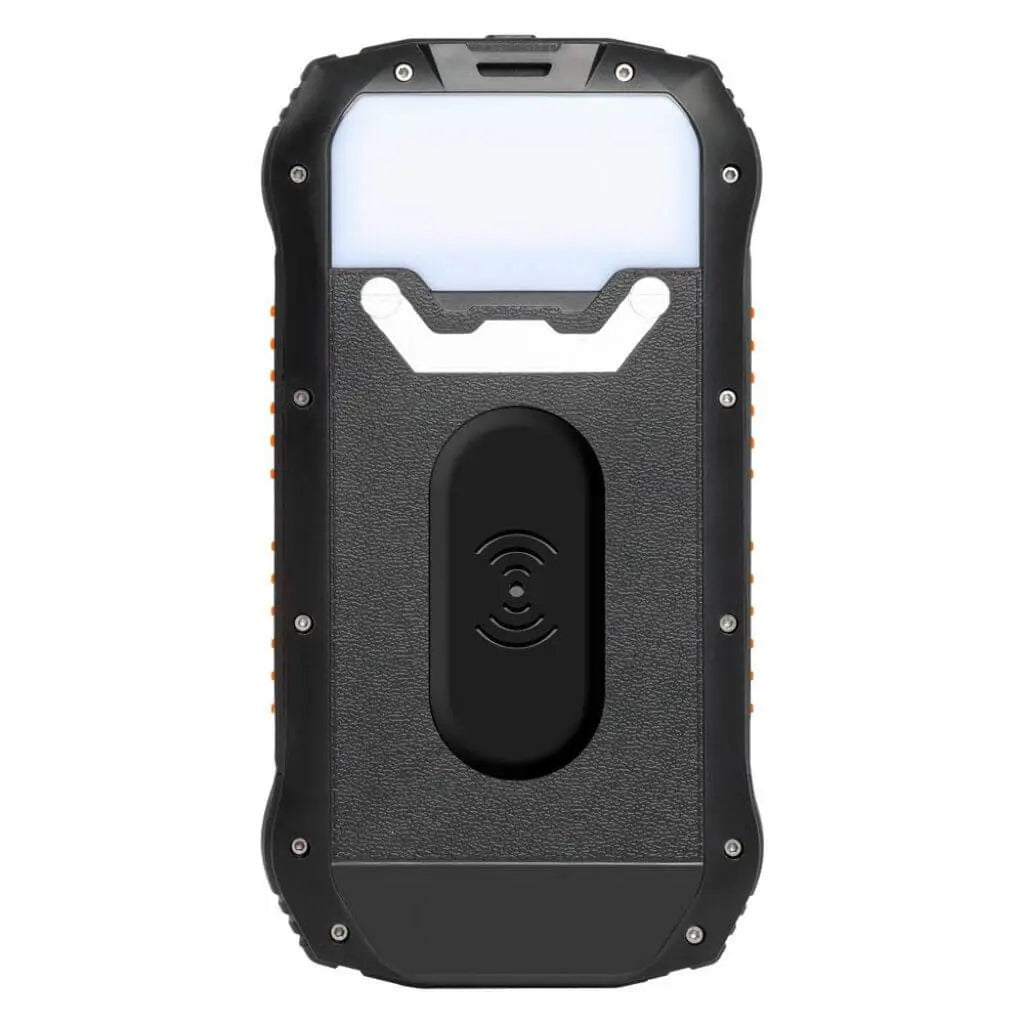 "Black and orange portable solar power bank for outdoor use, showcasing sleek design and multiple charging ports."