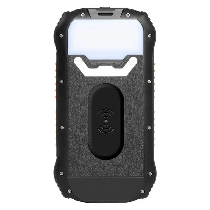 "Black and orange portable solar power bank for outdoor use, showcasing sleek design and multiple charging ports."