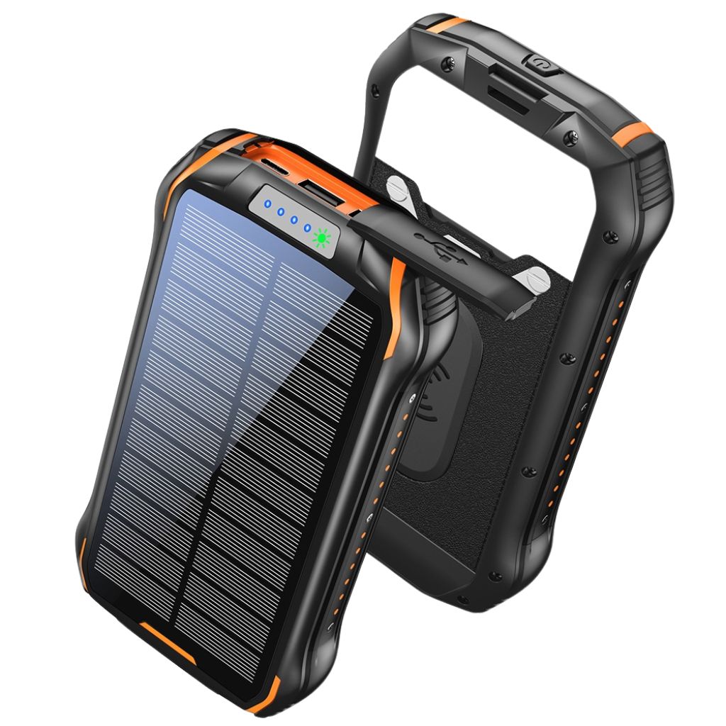 "Black and orange portable solar power bank for outdoor use, showcasing sleek design and multiple charging ports."