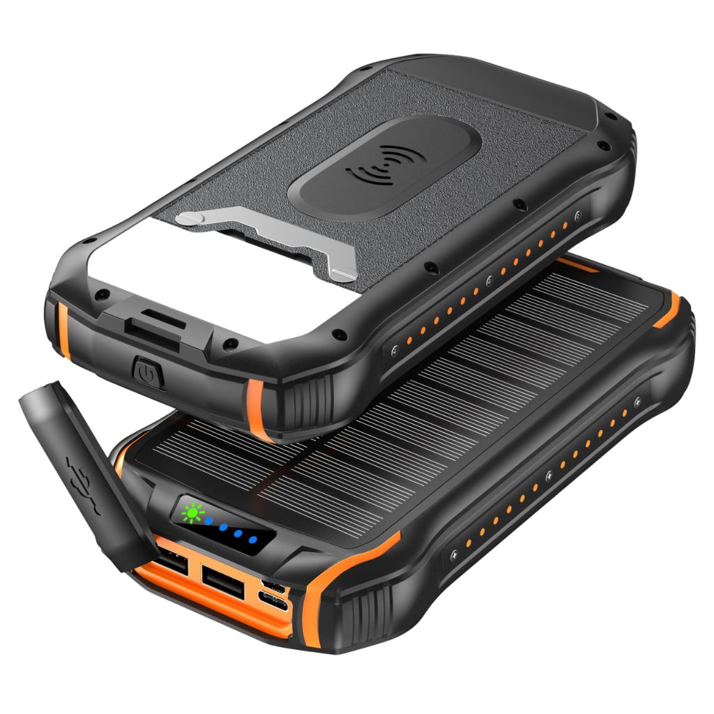 "Black and orange portable solar power bank for outdoor use, showcasing sleek design and multiple charging ports."