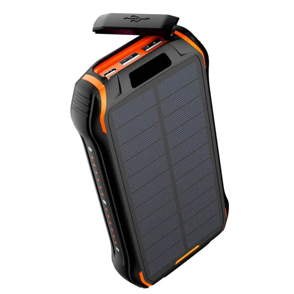 "Black and orange portable solar power bank for outdoor use, showcasing sleek design and multiple charging ports."