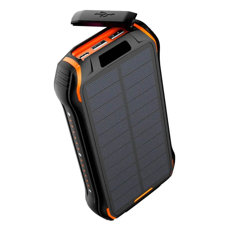 "Black and orange portable solar power bank for outdoor use, showcasing sleek design and multiple charging ports."