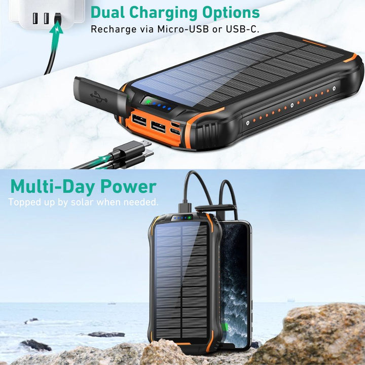 "Black and orange portable solar power bank for outdoor use, showcasing sleek design and multiple charging ports."