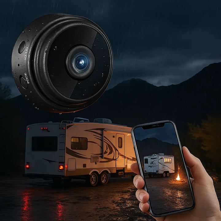 "Black HD wireless backup camera for RVs, trucks, trailers with night vision, waterproof design, perfect for safe reversing."