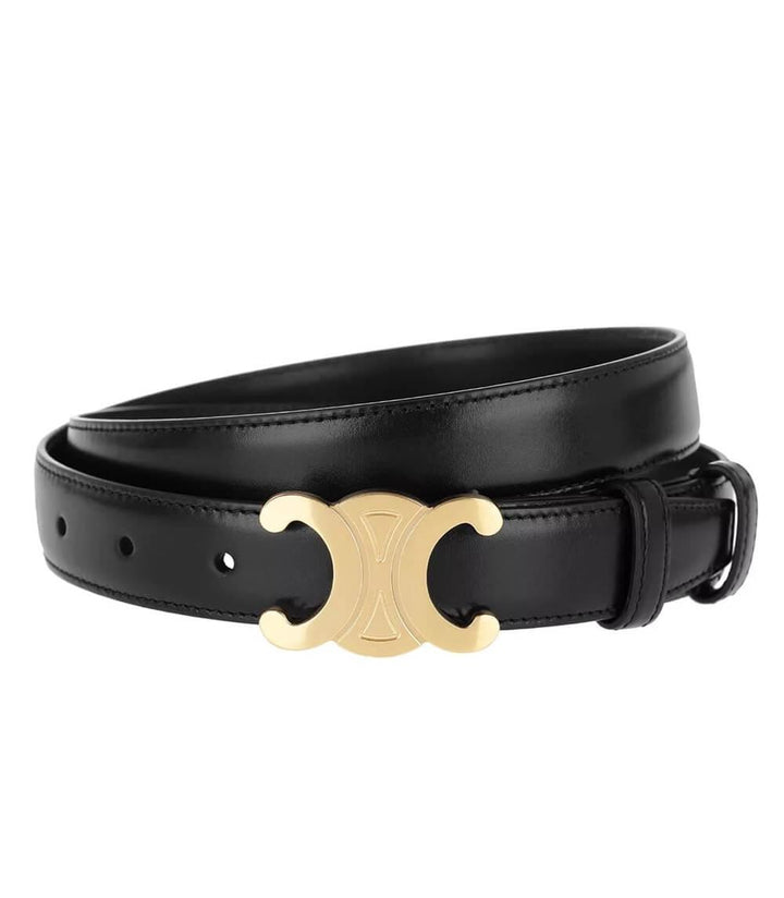Black leather women's belt with a gold buckle, elegant and versatile for both casual and formal outfits, shown in detail.
