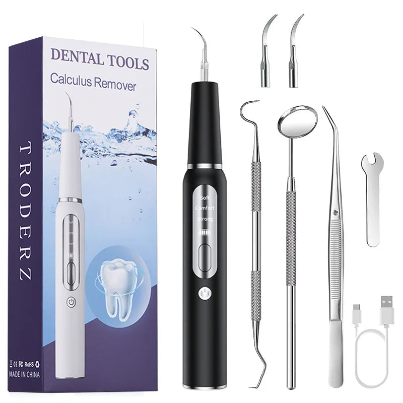 "Black pet dental tool kit for dogs and cats, ultrasonic cleaning, promotes oral hygiene and fresh breath, easy USB recharge.