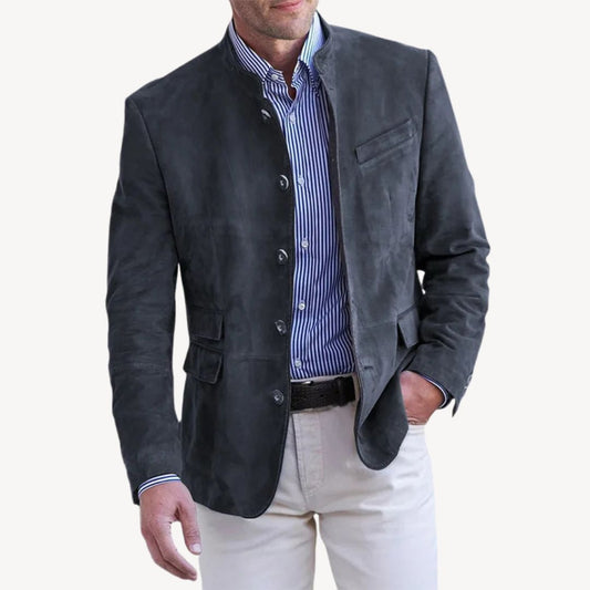 Black suede men's blazer jacket with stand collar, button-up front, and chic design, ideal for versatile styling.