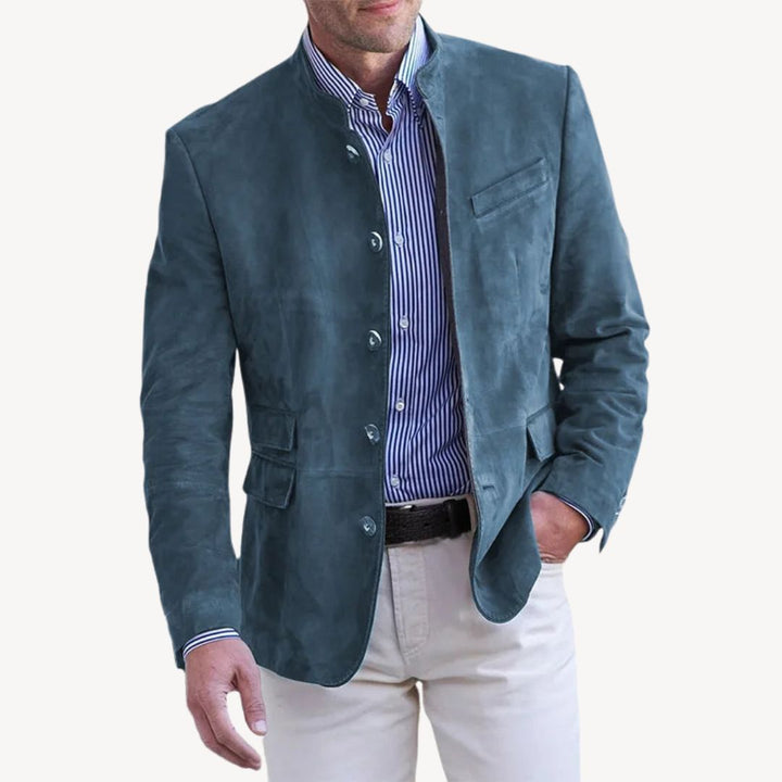 Black suede men's blazer jacket with stand collar, button-up front, and chic design, ideal for versatile styling.