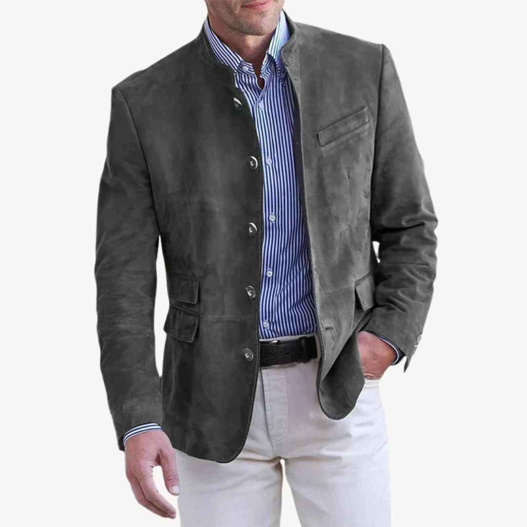Black suede men's blazer jacket with stand collar, button-up front, and chic design, ideal for versatile styling.