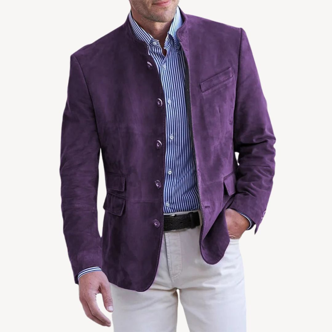Black suede men's blazer jacket with stand collar, button-up front, and chic design, ideal for versatile styling.