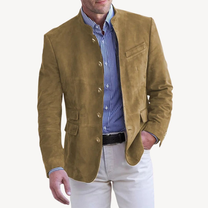 Black suede men's blazer jacket with stand collar, button-up front, and chic design, ideal for versatile styling.