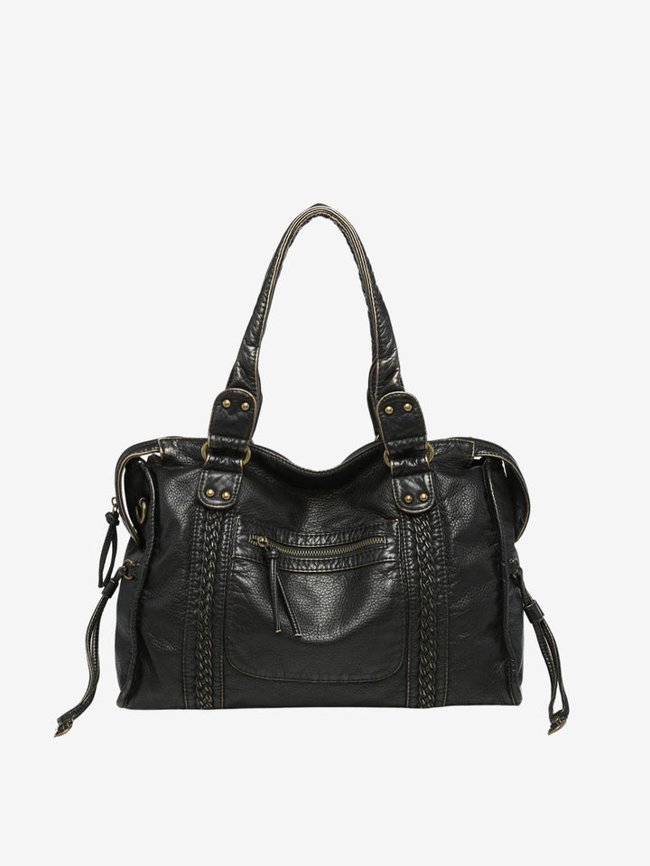 "Black vegan leather shoulder bag for women with elegant design, adjustable strap, and secure closures, perfect for daily use