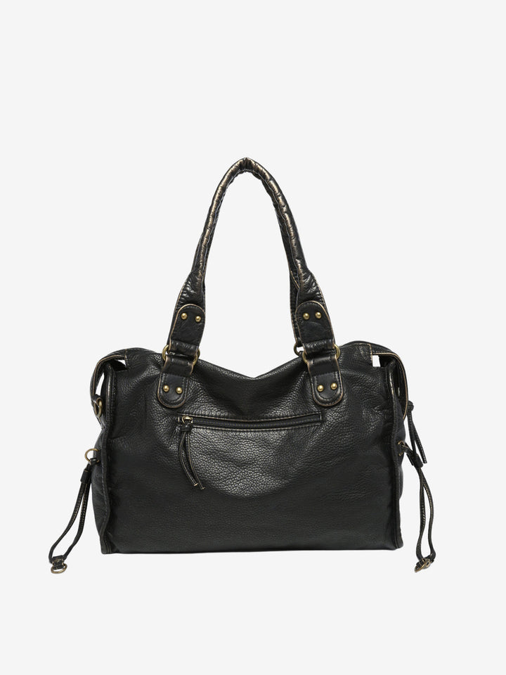 "Black vegan leather shoulder bag for women with elegant design, adjustable strap, and secure closures, perfect for daily use