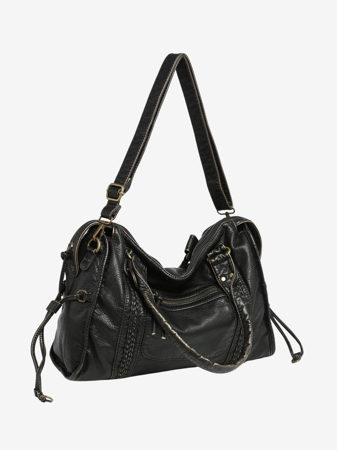"Black vegan leather shoulder bag for women with elegant design, adjustable strap, and secure closures, perfect for daily use