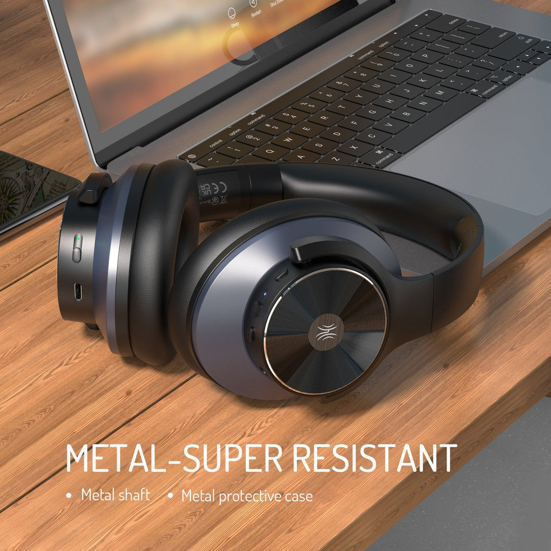 Black wireless over-ear headphones with Bluetooth and hybrid active noise cancellation, featuring memory foam earcups and USB