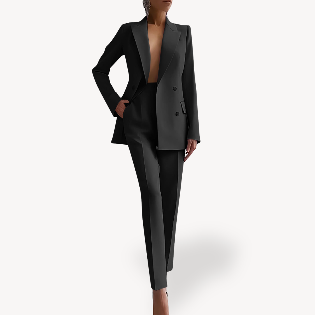 Black Women's Blazer Suit featuring double-breasted blazer and high-waisted trousers, perfect for formal occasions.