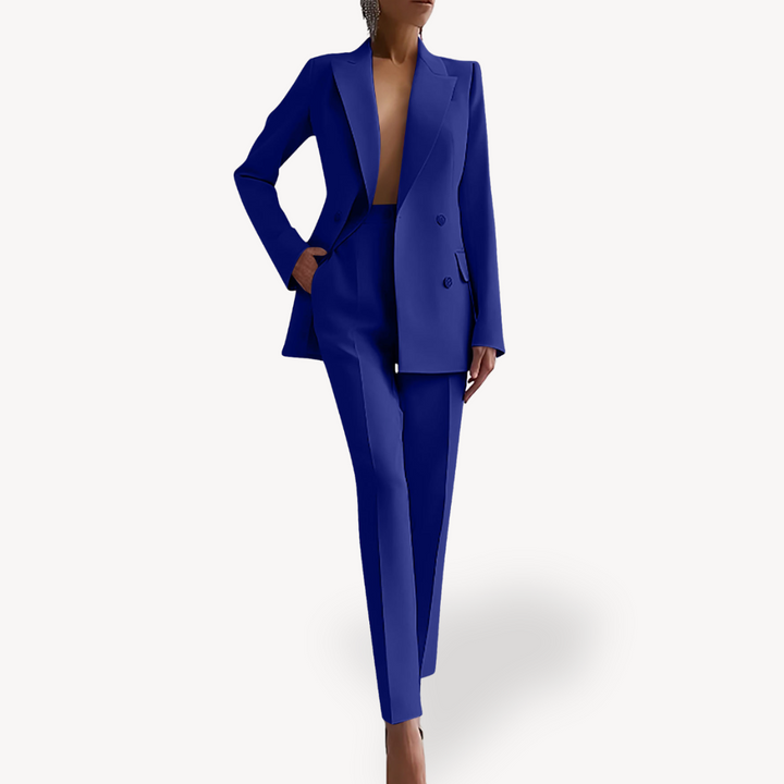 Black Women's Blazer Suit featuring double-breasted blazer and high-waisted trousers, perfect for formal occasions.