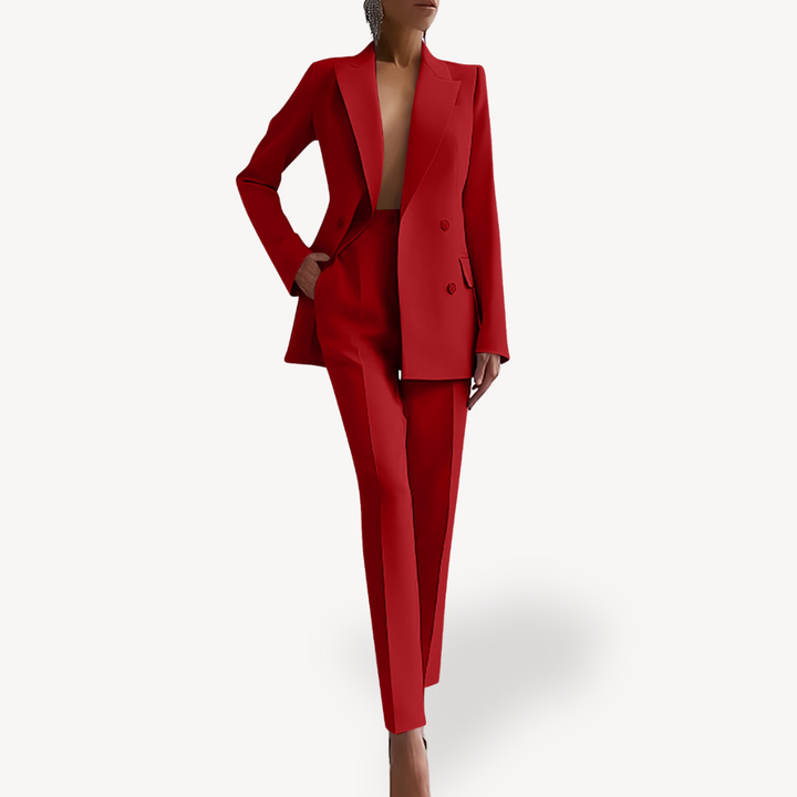 Black Women's Blazer Suit featuring double-breasted blazer and high-waisted trousers, perfect for formal occasions.