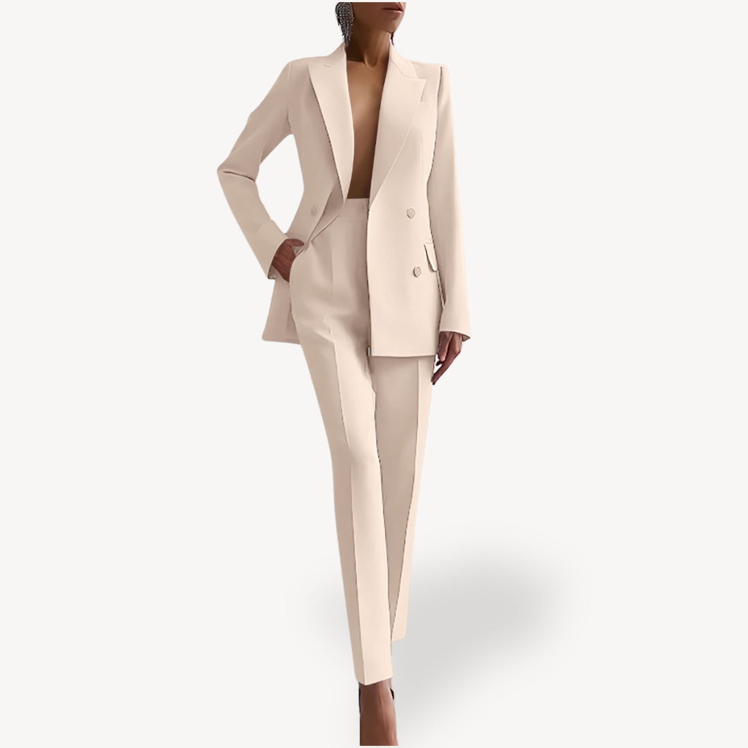 Black Women's Blazer Suit featuring double-breasted blazer and high-waisted trousers, perfect for formal occasions.
