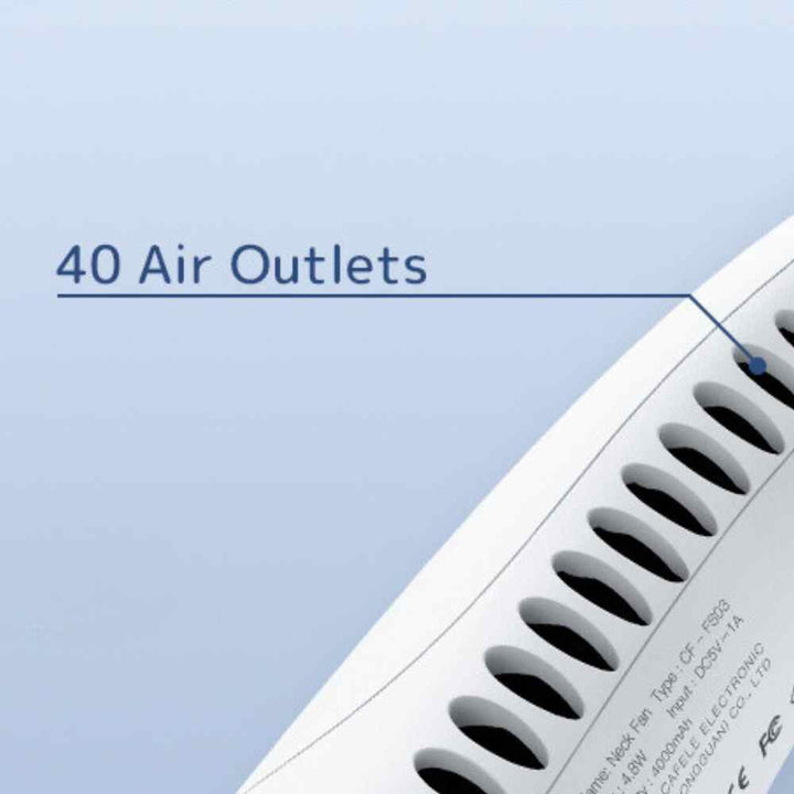 Bladeless portable neck fan, light blue and white, hands-free silent cooling with sleek design and built-in lights.