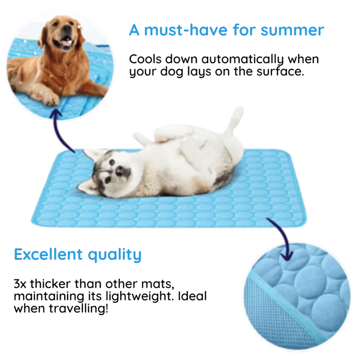 "Blue dog cooling mat, foldable and portable, offers instant cooling, waterproof, and safe for indoor and outdoor use."