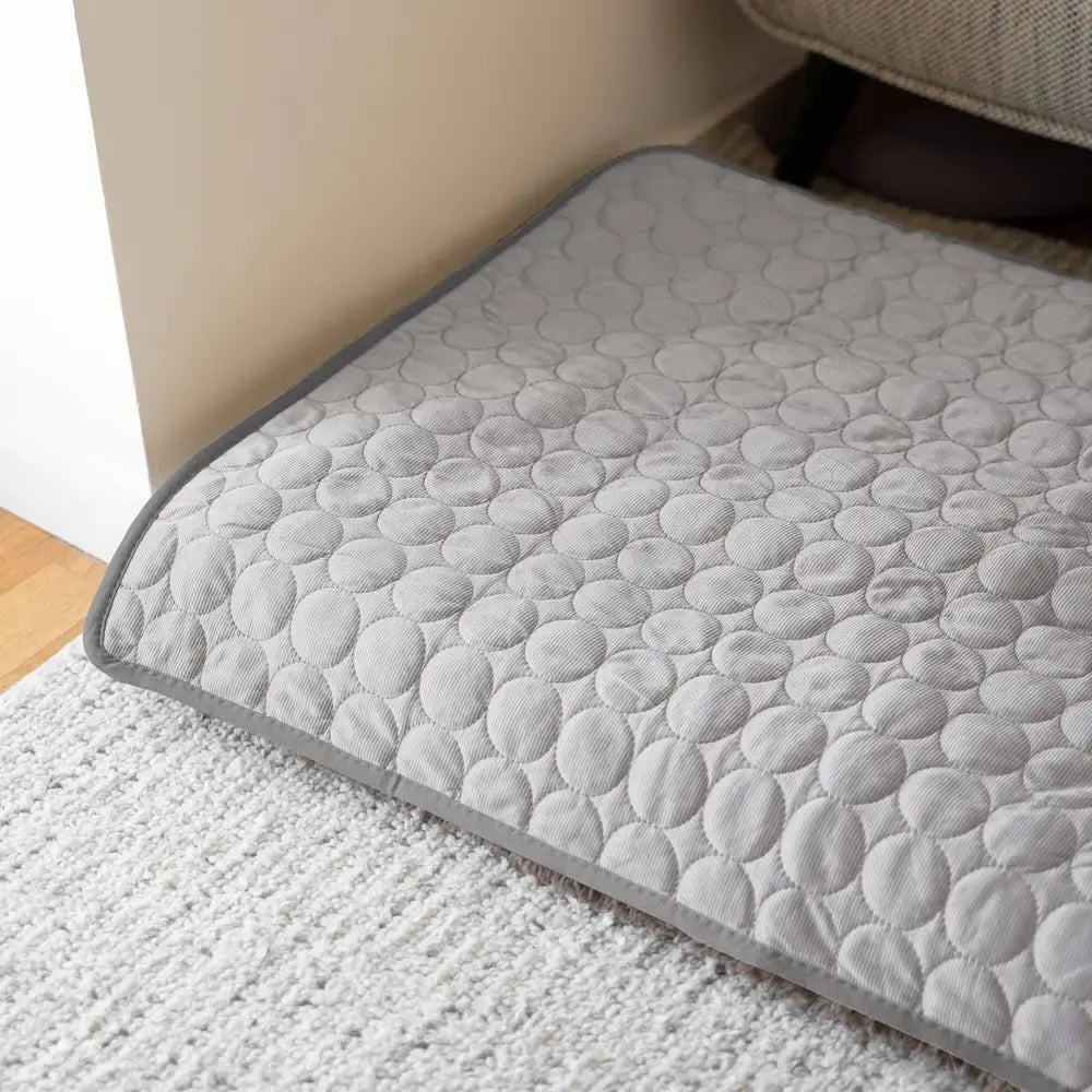 "Blue dog cooling mat, foldable and portable, offers instant cooling, waterproof, and safe for indoor and outdoor use."