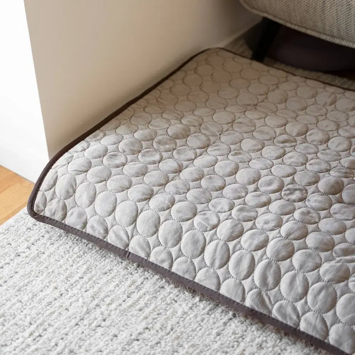 "Blue dog cooling mat, foldable and portable, offers instant cooling, waterproof, and safe for indoor and outdoor use."