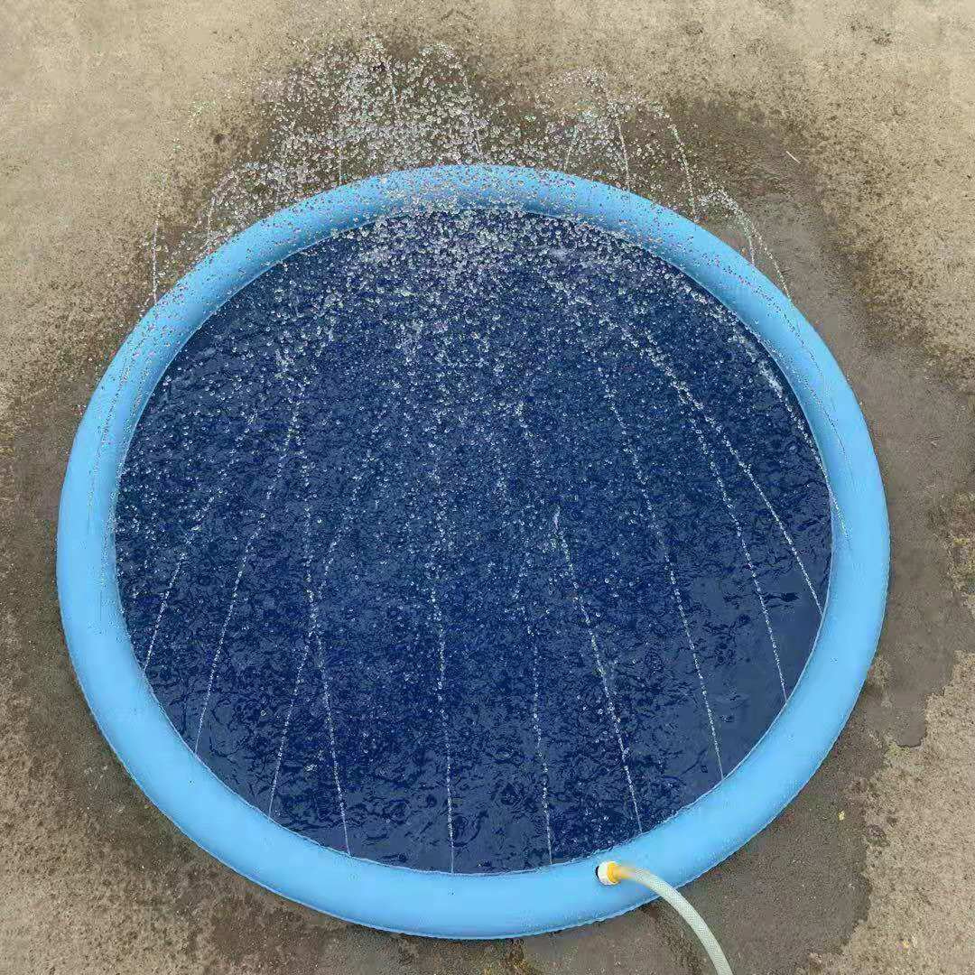 "Blue durable dog fountain pool toy for outdoor summer fun with water jets, providing cooling playtime and relief for pets."
