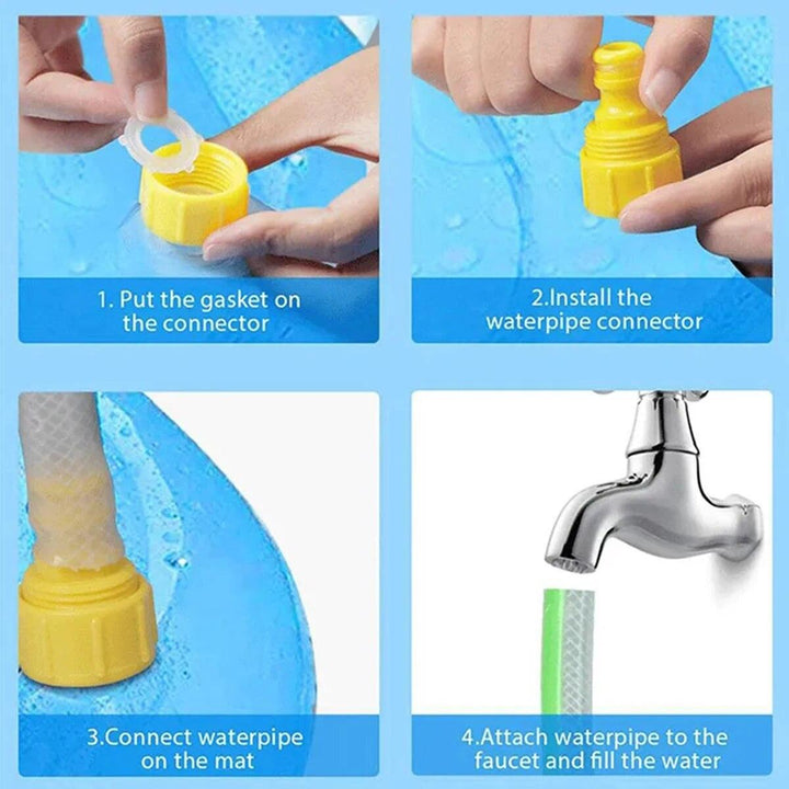 "Blue durable dog fountain pool toy for outdoor summer fun with water jets, providing cooling playtime and relief for pets."