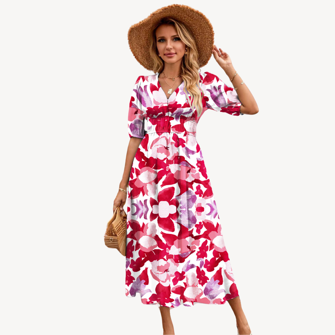 Blue floral print V-neck midi dress with tie waist, short puff sleeves, and flowing silhouette, ideal for elegant styles.