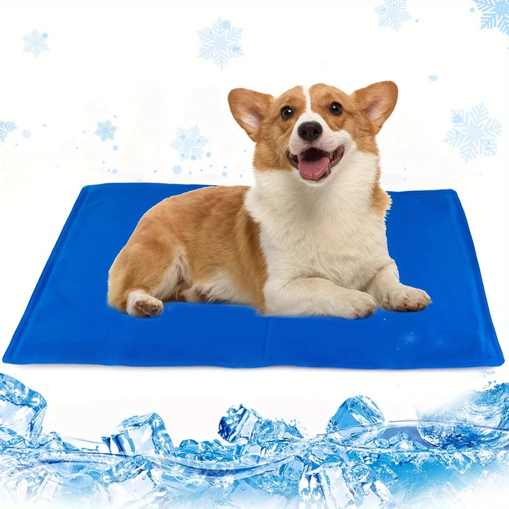"Blue foldable cooling dog mat with moisture-resistant surface, suitable for home and travel, providing comfort and joint sup
