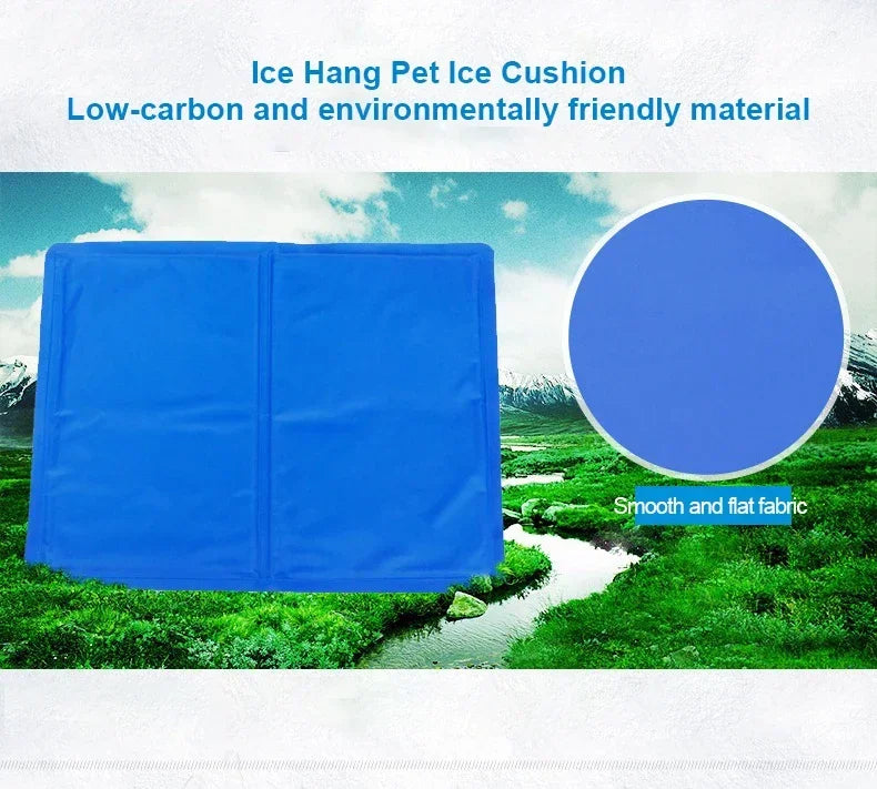 "Blue foldable cooling dog mat with moisture-resistant surface, suitable for home and travel, providing comfort and joint sup