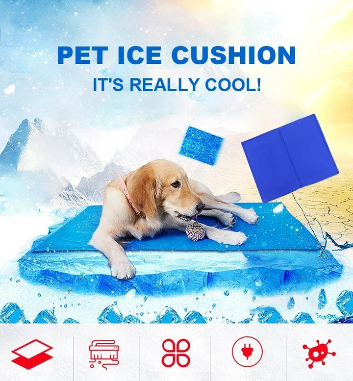 "Blue foldable cooling dog mat with moisture-resistant surface, suitable for home and travel, providing comfort and joint sup
