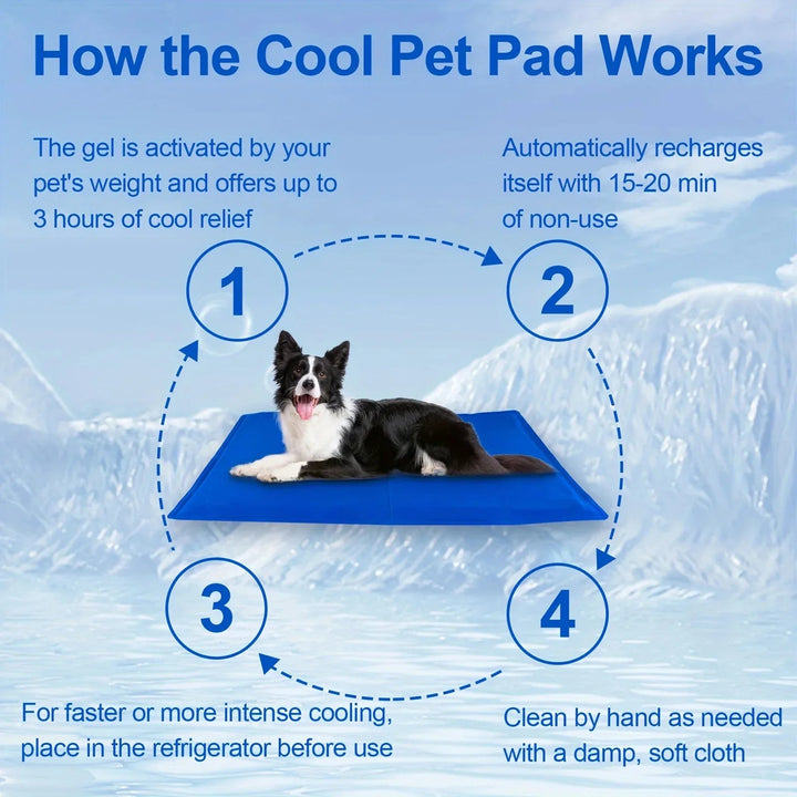 "Blue foldable cooling dog mat with moisture-resistant surface, suitable for home and travel, providing comfort and joint sup