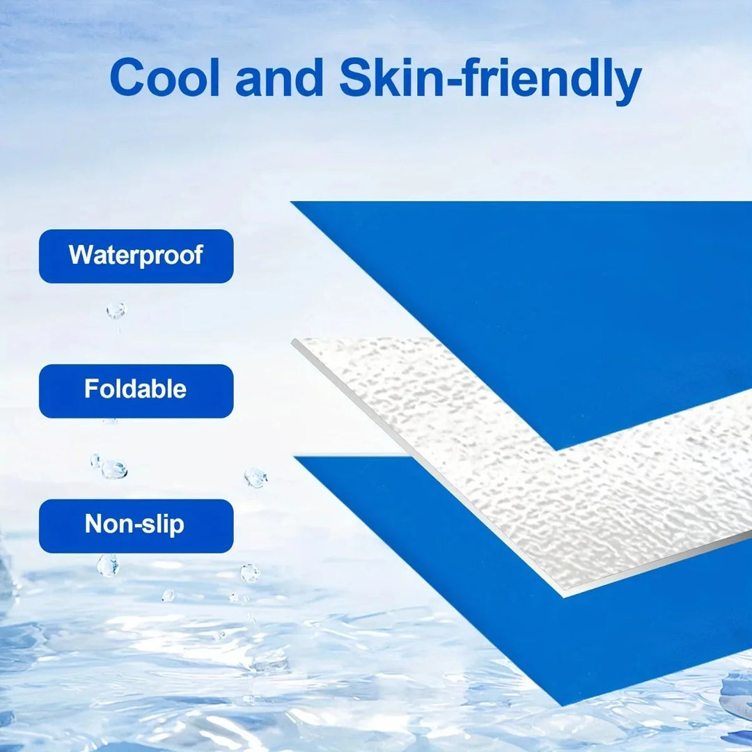 "Blue foldable cooling dog mat with moisture-resistant surface, suitable for home and travel, providing comfort and joint sup