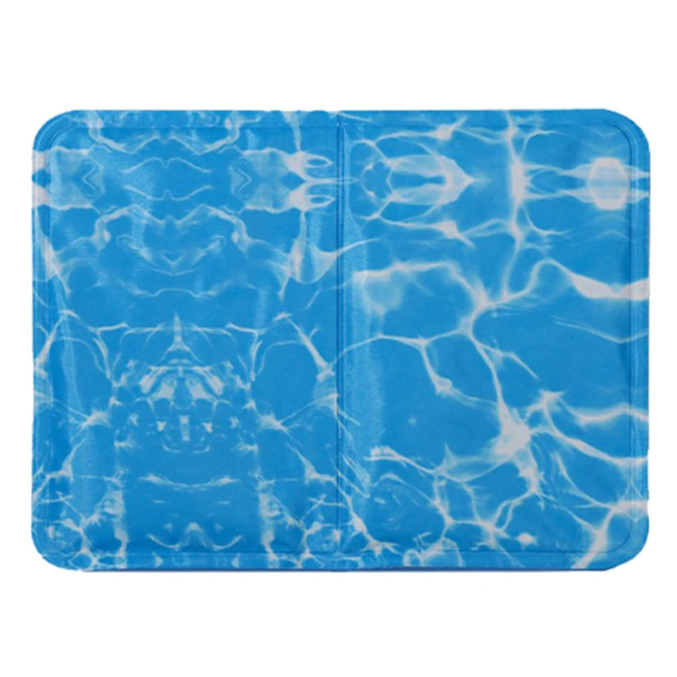 "Blue gel-filled dog cooling mat, water-resistant PVC pad for pets, pressure-activated, available in various sizes."
