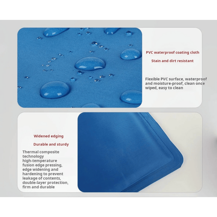 "Blue gel-filled dog cooling mat, water-resistant PVC pad for pets, pressure-activated, available in various sizes."