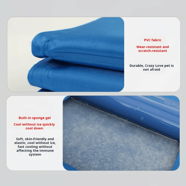 "Blue gel-filled dog cooling mat, water-resistant PVC pad for pets, pressure-activated, available in various sizes."