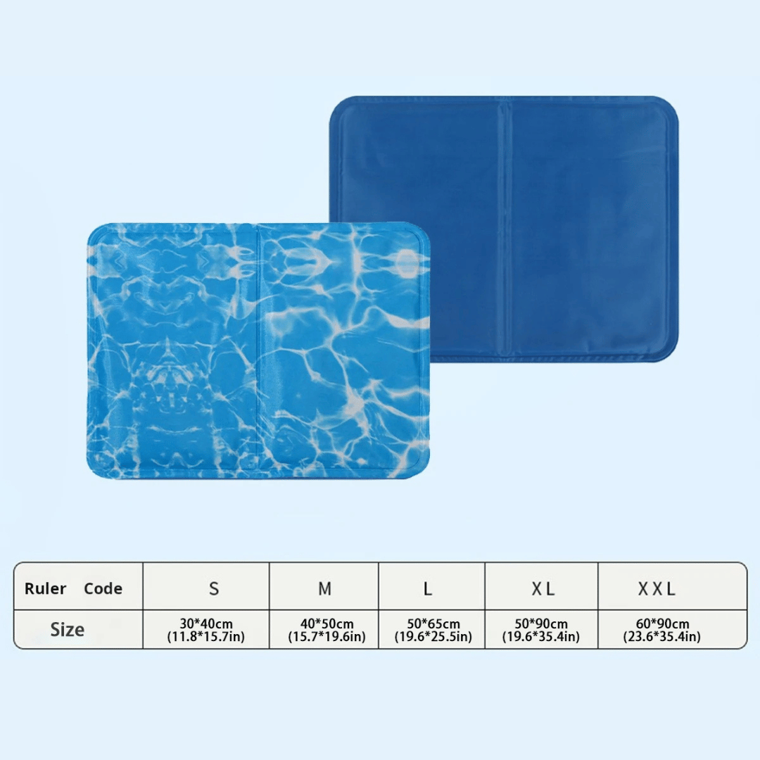 "Blue gel-filled dog cooling mat, water-resistant PVC pad for pets, pressure-activated, available in various sizes."