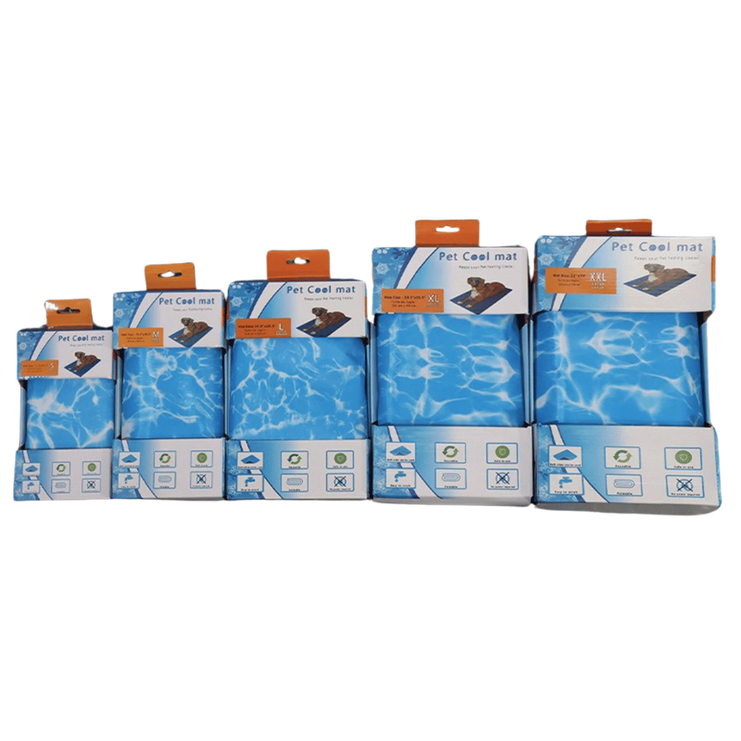 "Blue gel-filled dog cooling mat, water-resistant PVC pad for pets, pressure-activated, available in various sizes."