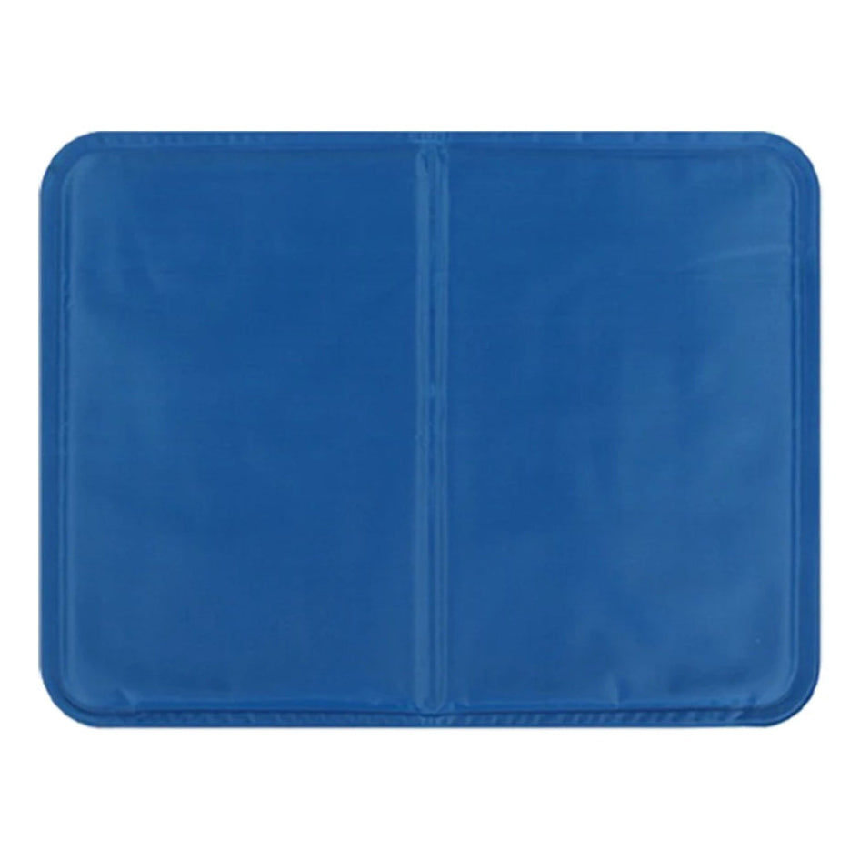 "Blue gel-filled dog cooling mat, water-resistant PVC pad for pets, pressure-activated, available in various sizes."