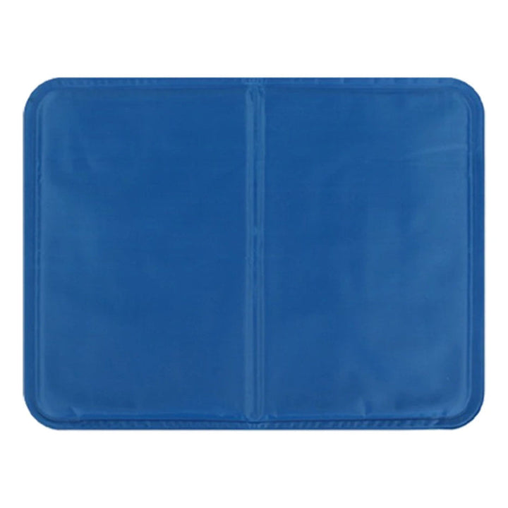 "Blue gel-filled dog cooling mat, water-resistant PVC pad for pets, pressure-activated, available in various sizes."