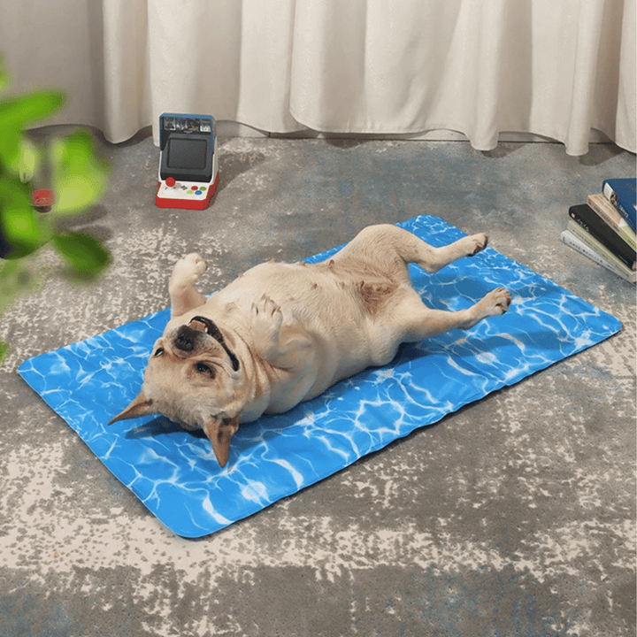 "Blue gel-filled dog cooling mat, water-resistant PVC pad for pets, pressure-activated, available in various sizes."